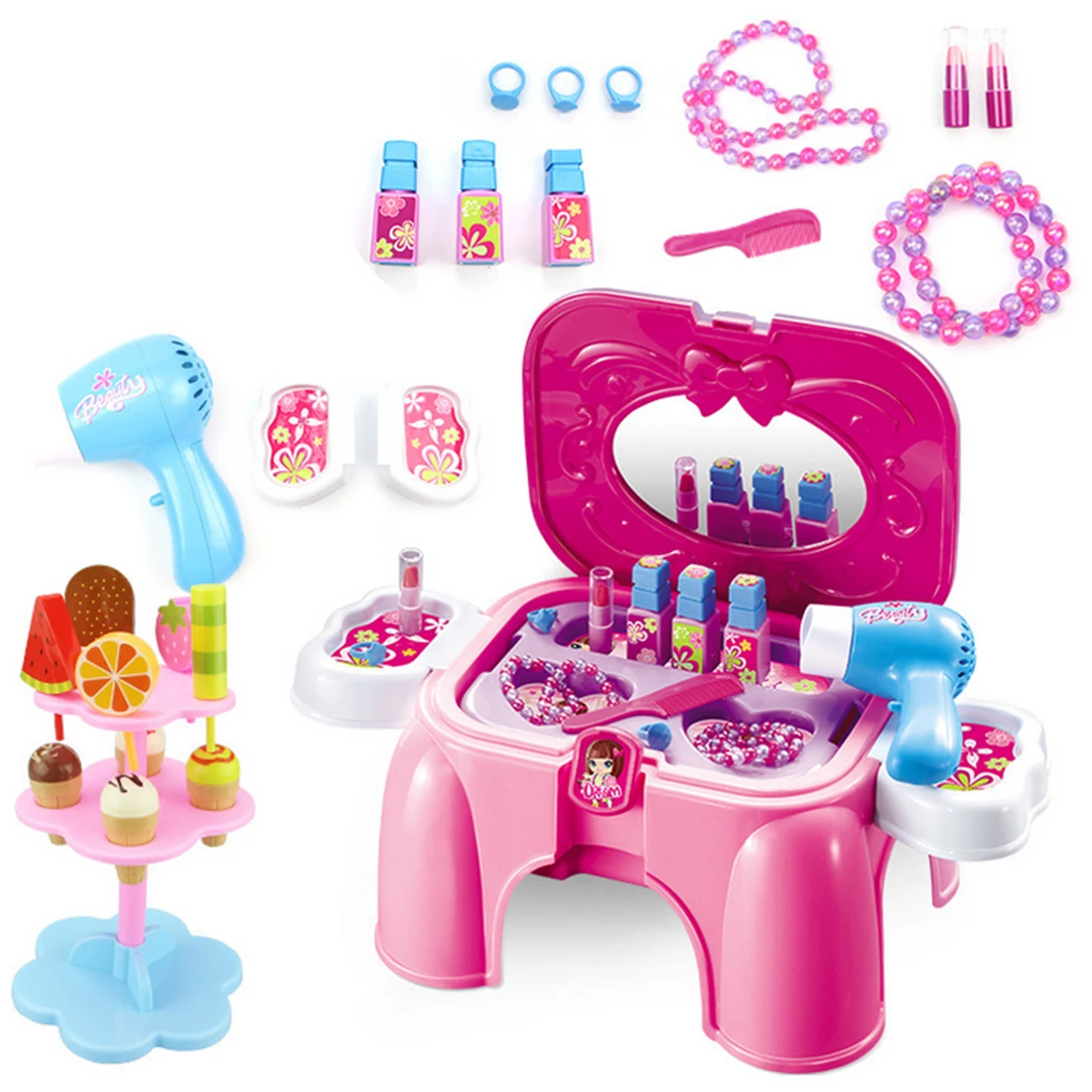 

NFSTRIKE Baby Girl Pretend Play Makeup Toy Set Emulational Makeup Storage Stool Kids Early Development Toys for Children - Rosy