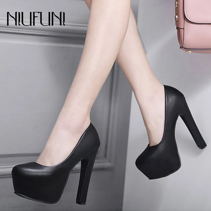 Autumn High Heels Woman Pumps Platform PU Black White Women Shoes Platform High Heels Shoes Thick Heels Work Pumps Dress Shoes