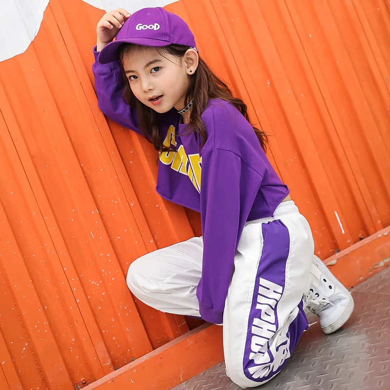Kid Cool Hip Hop Clothing Sweatshirt Crop Top Long Sleeve T Shirt Tee White Jogger Streetwear Pants for Girls Jazz Dance Clothes