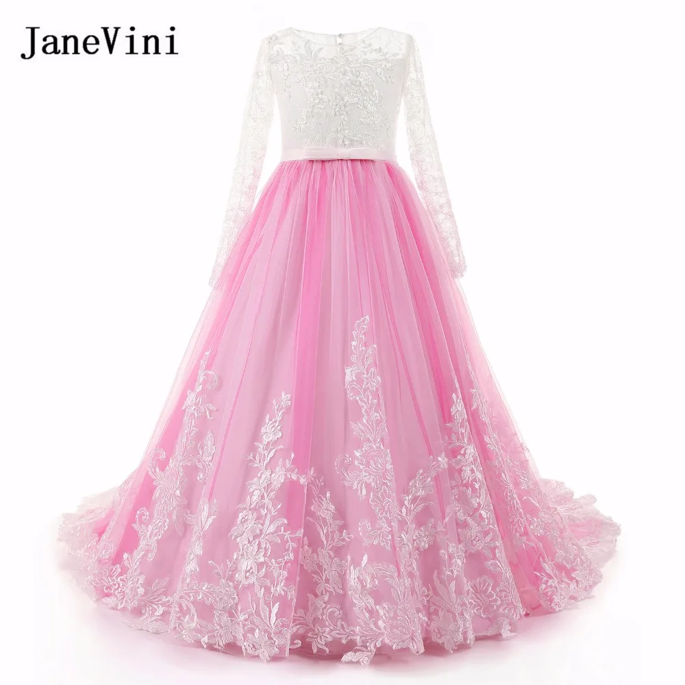 

JaneVini Pink Tulle Flower Girl Dresses with Long Sleeves A Line Lace Appliques Beaded Sweep Train Elegant Princess Girls Dress
