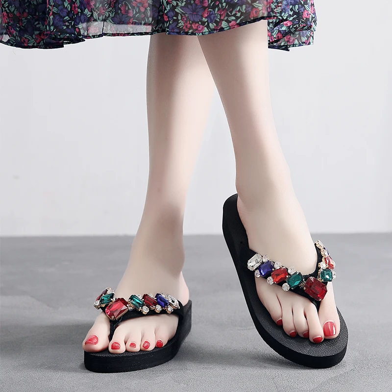 

Laamei Fashion Bohemian Flip Flop Beading Platform Wedges Beach Slippers Shoes Women Summer Non-Slip Shoe sandalia feminina
