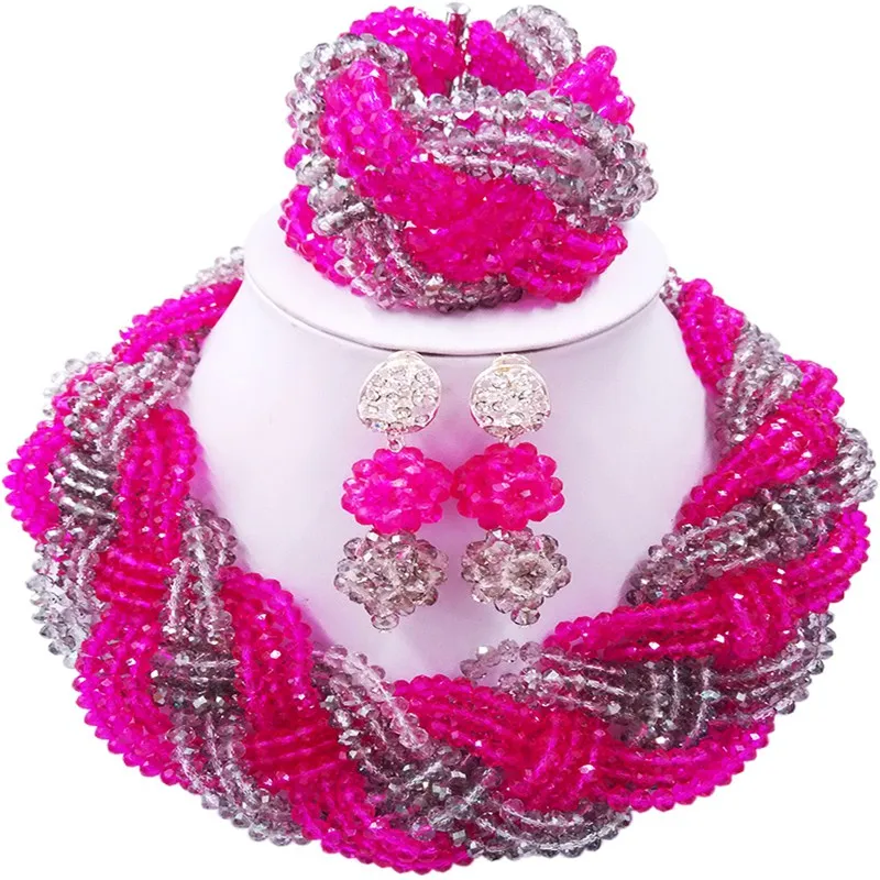 

Best-selling Fuchsia Pink Grey Crystal Nierian Women Wedding Beads Necklace Jewelry Sets 12C-BZ-09