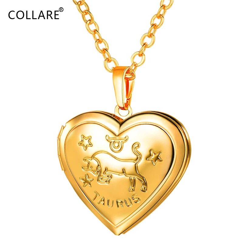 

Collare Taurus Locket Heart Pendant Gold/Silver Color Photo/Memory Necklace Women 12 Constellation Zodiac Jewelry P893