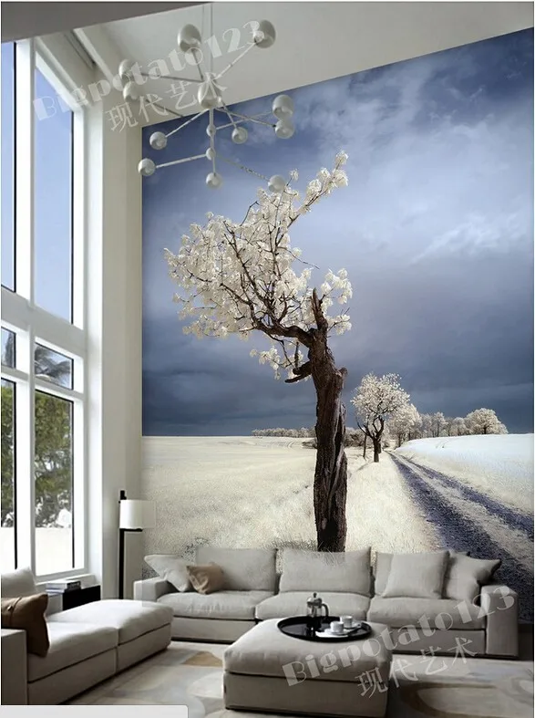 Обычный 3D росписи, Красивый снег белый цветы деревья пейзаж, Гостиная телевизор стена спальня обои