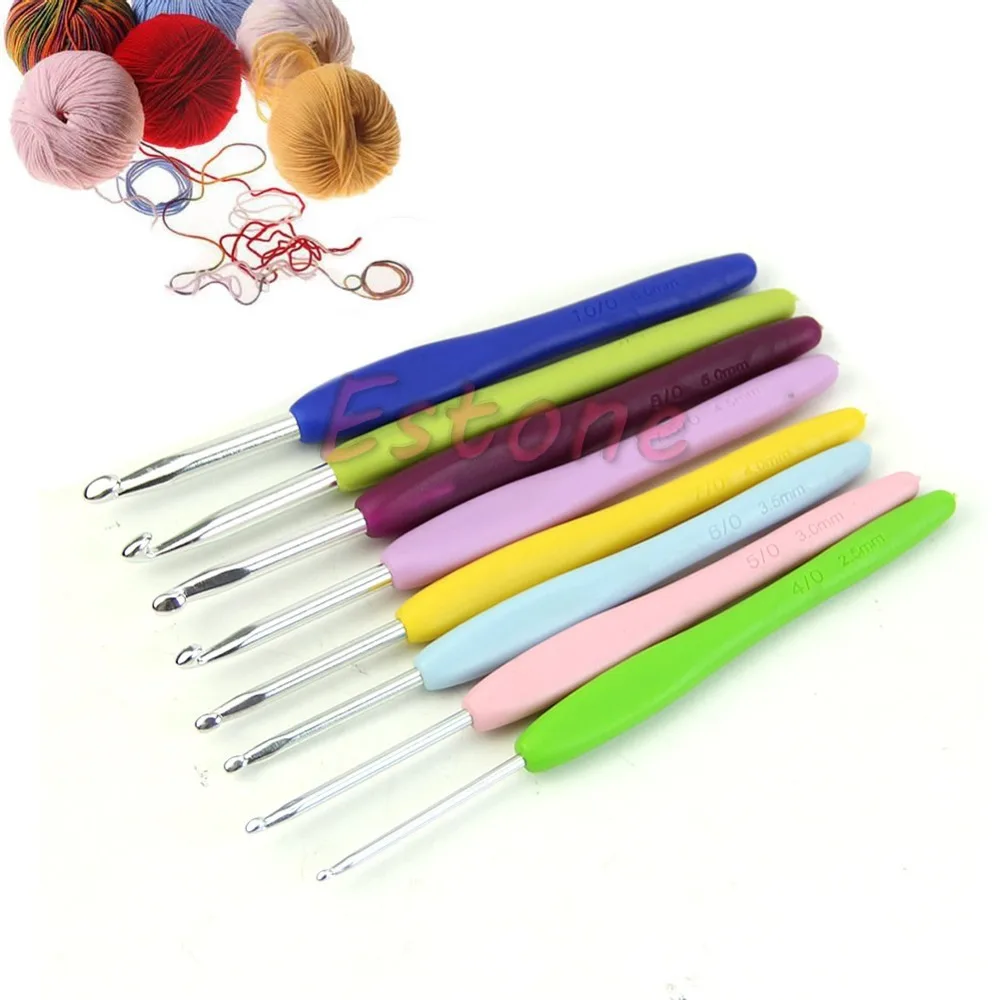 Многоцветная ручка из мягкого силикона, Алюминиевые крючки для вязания крючком, 8 размеров