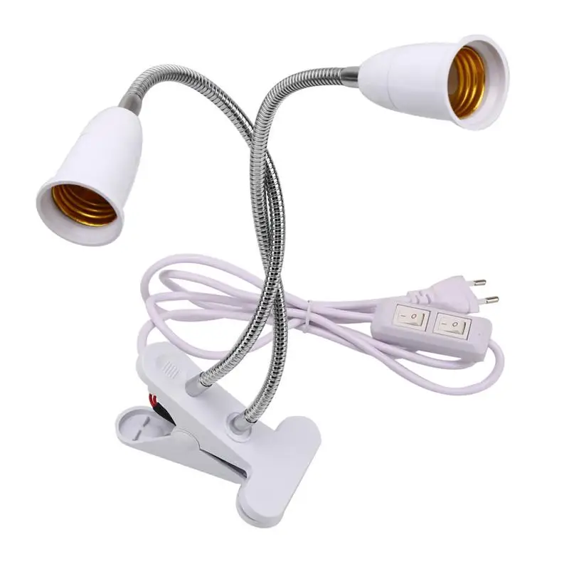 Description Picture 2 of itemEU US Plug 360 Degree 2 Heads Flexible Desk Lamp Holder Clip With On/Off Switch E27 Light Base Socket for LED Plant Grow Bulbs