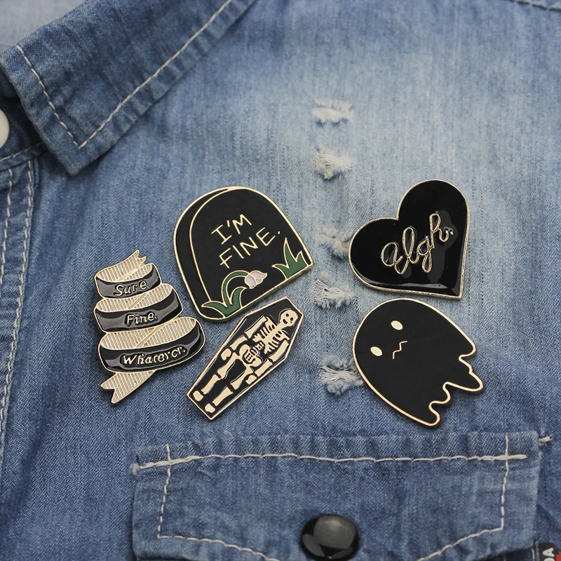 

New Creative Enamel Brooch Tombstone Coffin Ghost Punk Wind Bag Accessories For Women Men Edage Jewelry