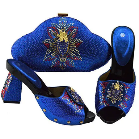Новое поступление, итальянские вечерние женские туфли и сумочка в комплекте, нигерийский женский свадебный комплект из обуви и сумки, украшенный стразами - Цвет: Королевский синий