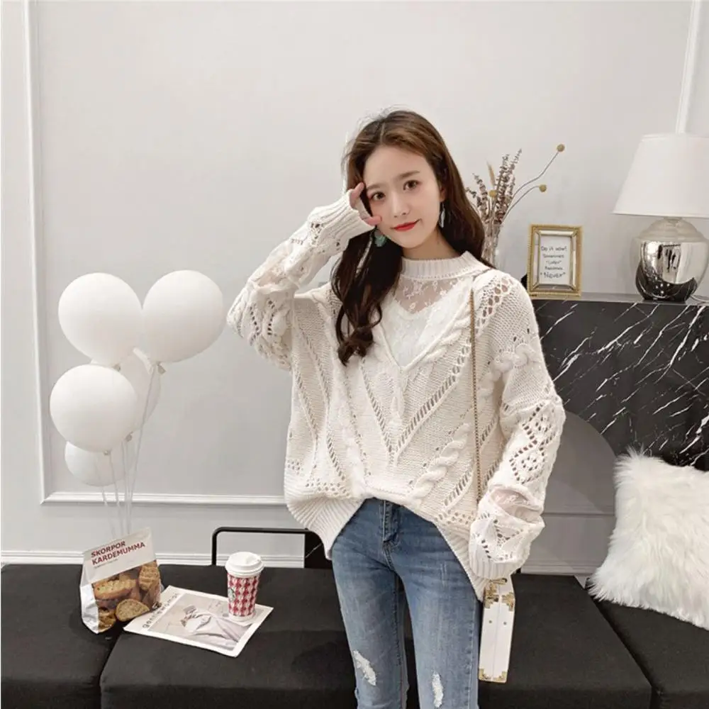 

Lace openwork Round Neck Long-Sleeved Sweater Female 2019 Spring And Autumn New Loose Wild Set Of Solid Color Sweater