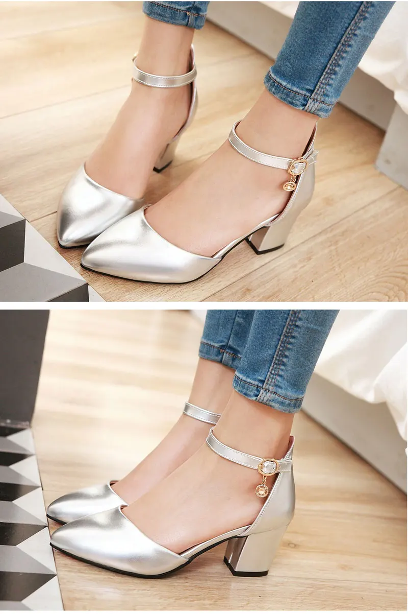 Meotina Shoes Woman 2017 New High Heels Spring Ladies Pumps Summer Two Piece Thick Heels Footwear Ankle Strap Shoes Sliver 34-43 5