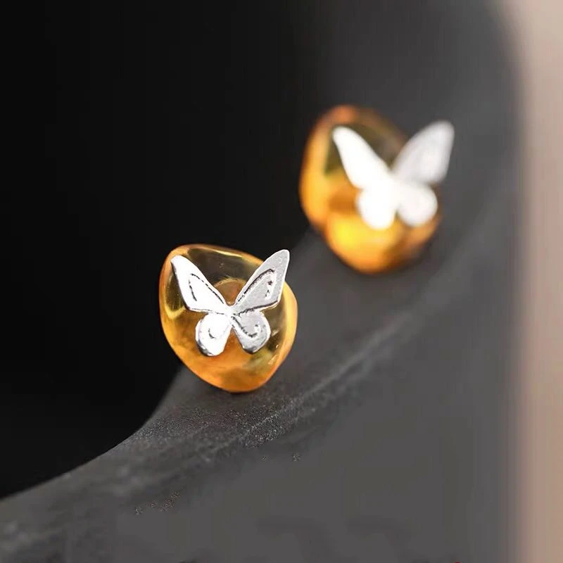 YESWOMEN 925 Sterling Silver Natural Amber Butterfly Earrings Fine Jewelry For Women