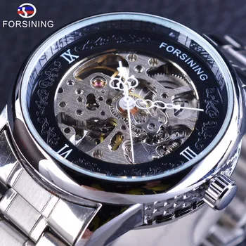 

Forsining Silver Stainless Steel Flower Hands Design Unique Obscure Case Mens Automatic Skeleton Wrist Watches Top Brand Luxury