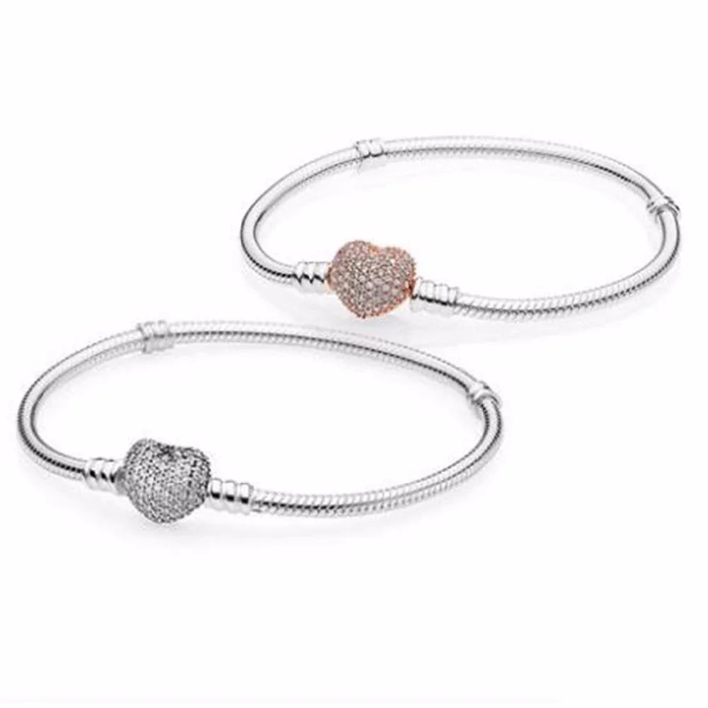 

New 100% 925 Sterling Silver Bracelet Silver/Rose Gold Pave Heart Clasp Bracelet Fit European Charms Diy Jewelry