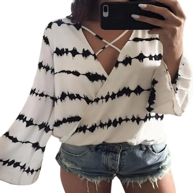 

Yfashion Women Stylish Sexy Pagoda Sleeve V-neck Wave Pattern T-Shirt Elegant Loose Tops