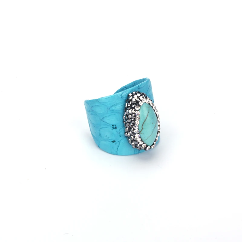 

KEJIALAI Trendy Blue Turquoises Howlite Bead Charms Rhinestone Black Blue Real Snake Leather Adjustable Open Ring Cuff For Women