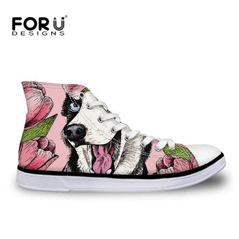 

FORUDESIGNS Women Vulcanize Shoes Husky Print Stylish High-top Canvas Shoes for Teenager Girls Lace-up Flat Shoes Footwear New