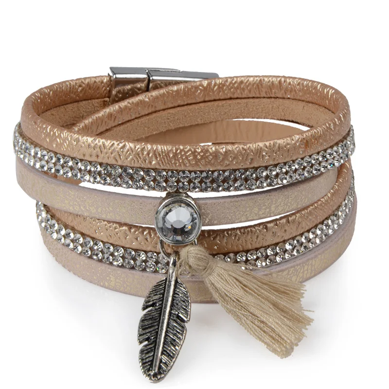 Mesielldp Rhinestone Feather Wide Multilayer Leather Bracelet Magnetic Tassel Bracelet Women Wrap Charm Boho Bohemian Bracelets Bangle Men