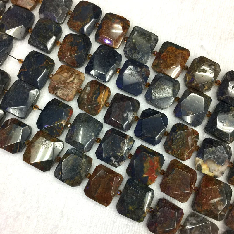 

Natural Genuine Red Brown Blue Pietersite Stone Hand Cut Faceted Flat Rectangle Loose Big Beads 15" 05509