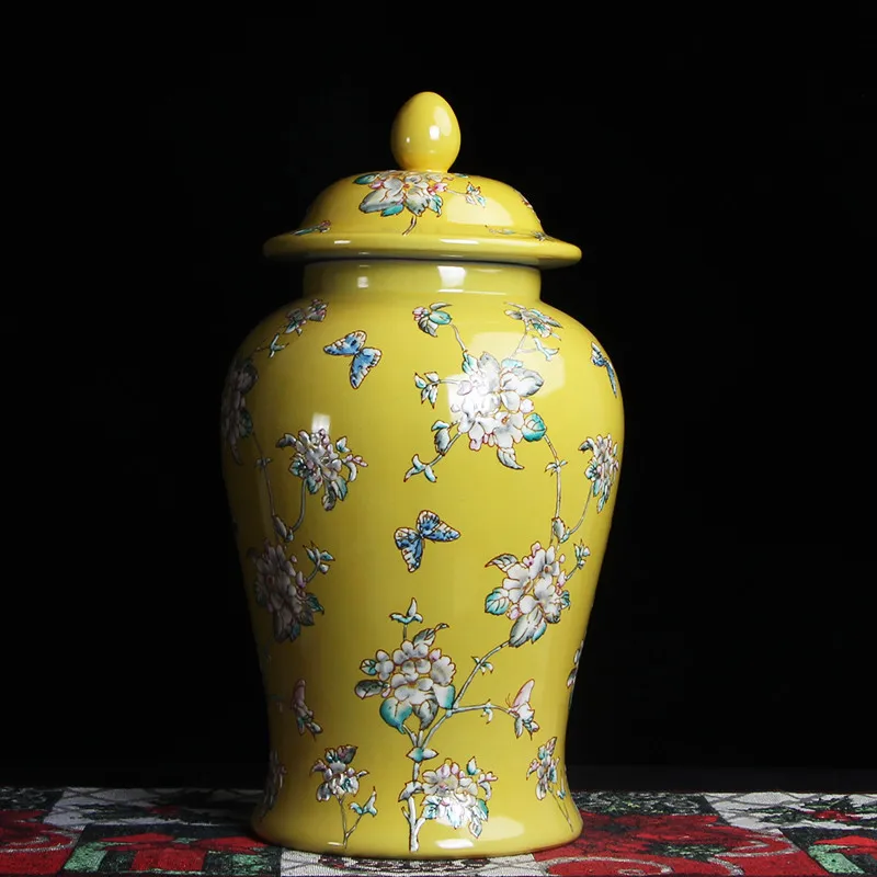 Yellow Jingdezhen hand made temple jar vase ceramic porcelain ginger jar chinese ceramic jar butterfly decoration   (9)