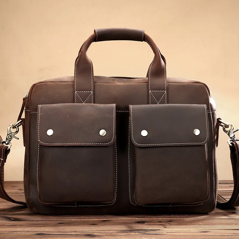 NEWEEKEND Vintage Crazy Horse Real Leather Men's Briefcase Laptop Case Business Genuine Handbag Tote Shoulder Bag LS-0202