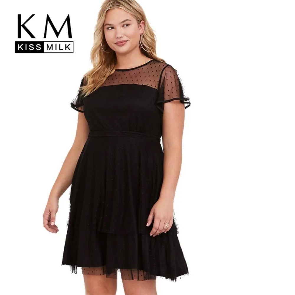 

Kissmilk Plus Size Women Dress Simple Sexy Perspective Mesh Stitching Pleated Black Dress