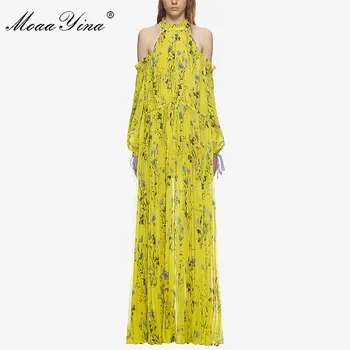 

MoaaYina Fashion Yellow Floral Print Dresses 2018 Women High Quality Off Shoulder Summer Pleated Holiday Party Maxi Long Dress