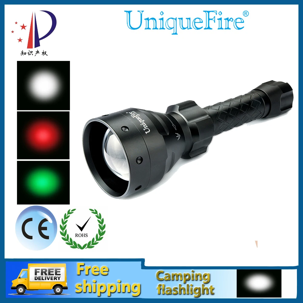 

Uniquefire 1405 XRE 3 Modes LED Flashlight Green/ Red/ White Light Led Torch Rechargeable Convex Lens Zoom Lamp Lantern