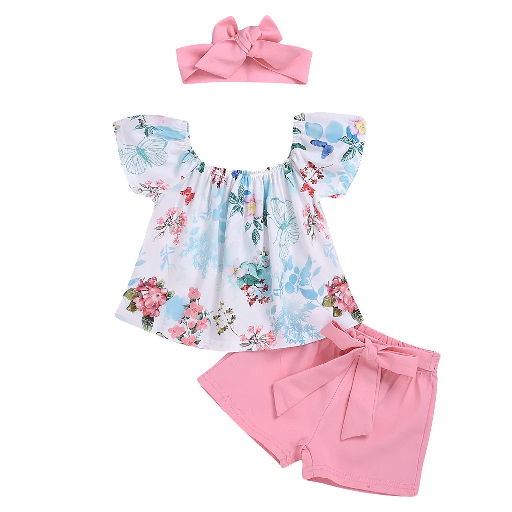 Комплекты одежды для девочек летние топы с цветочным принтом и открытыми плечами+ шорты+ повязка на голову с бантом, комплект летней одежды для новорожденных девочек