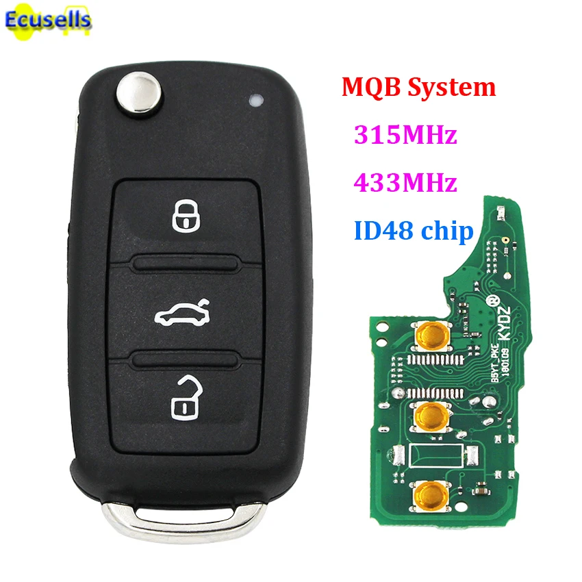 

MQB system Smart Modified Folding flip remote key for Volkswagen 3 button 315MHz with ID48 chip HU66 uncut blade