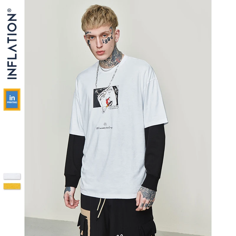 INFLATION Men Clothing Cartoon Funny Printed T-shirt Cotton Fashion High Street Couple Tees Streetwear Swag Top Tee 91195S