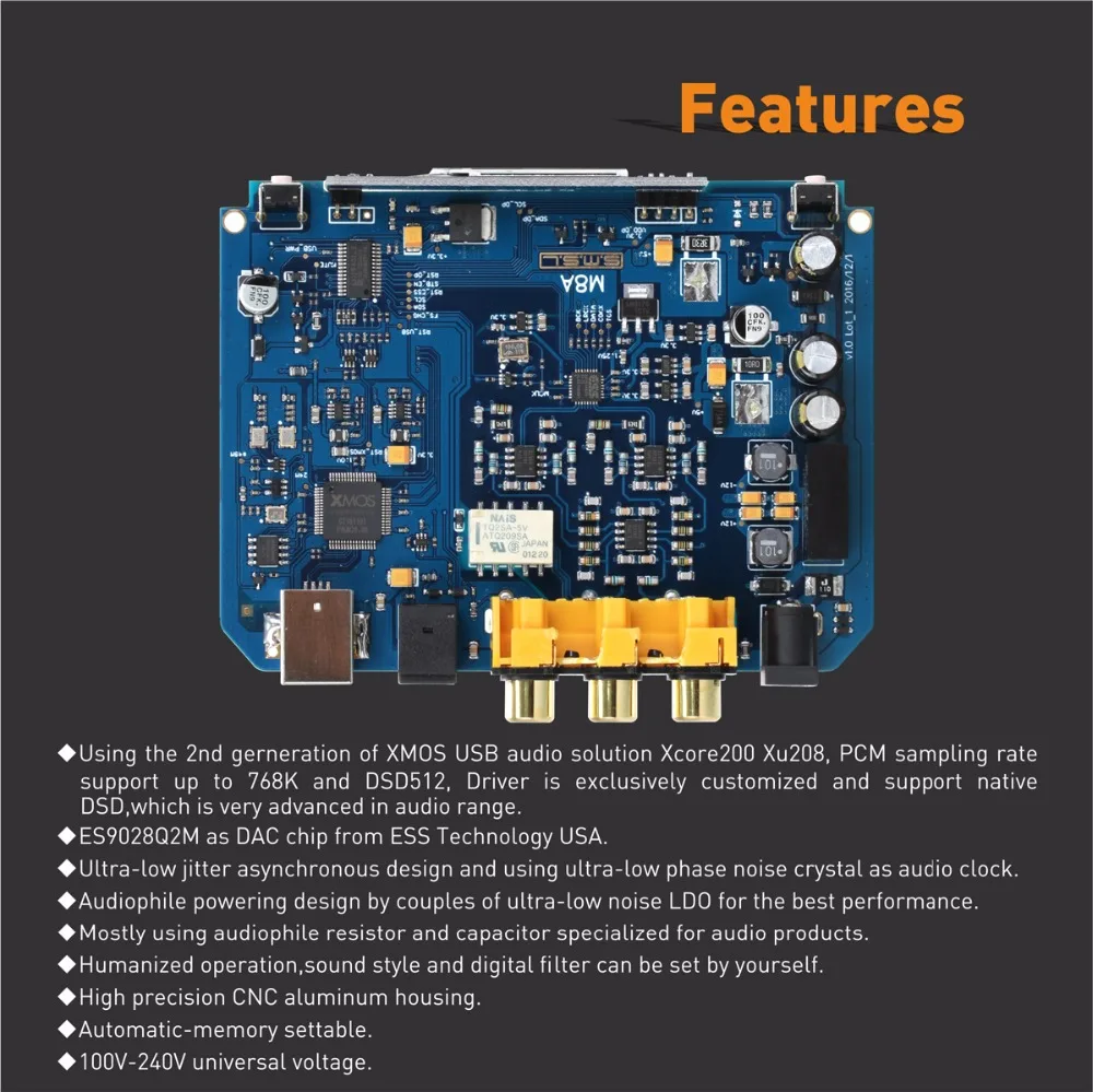 Smsl M8 USB DAC ES9018 оптический / коаксиальный / XMOS USB асинхронный 384 кГц / 24 бит DSD64 / 128 усилителя