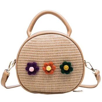 

Summer New Fashion Flower Straw Handbag Shoulder Slung Versatile Small Round Bag