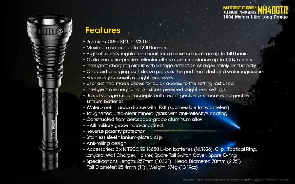 NITECORE MH40GTR светодиодный фонарь CREE XP-L HI V3 светодиодный 1200 люмен 1004 м охотничий поисковый фонарь с батареей 18650