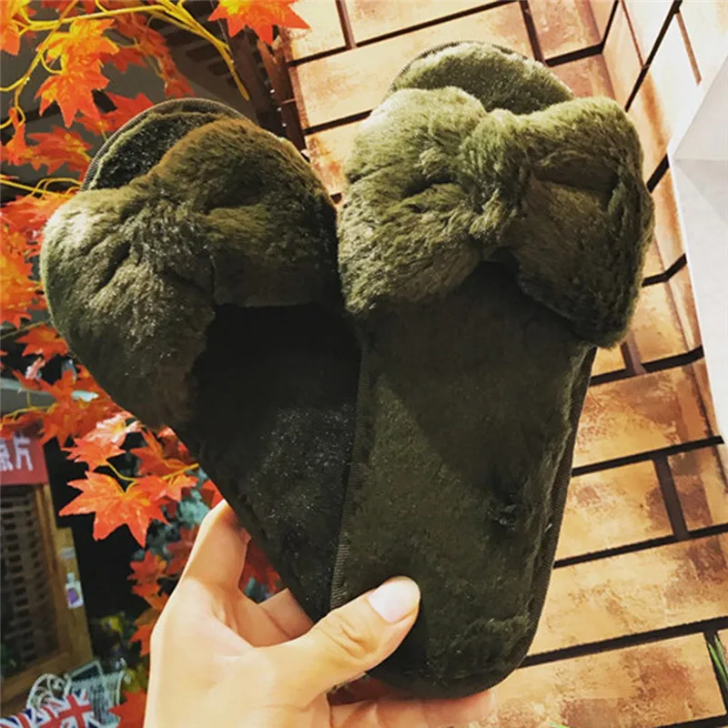 2019 Winter Women's Bow Warm Plush Fur Slippers Female Flat Soft Sliders Home Floor Indoor Bedroom Shoes #40 | Обувь