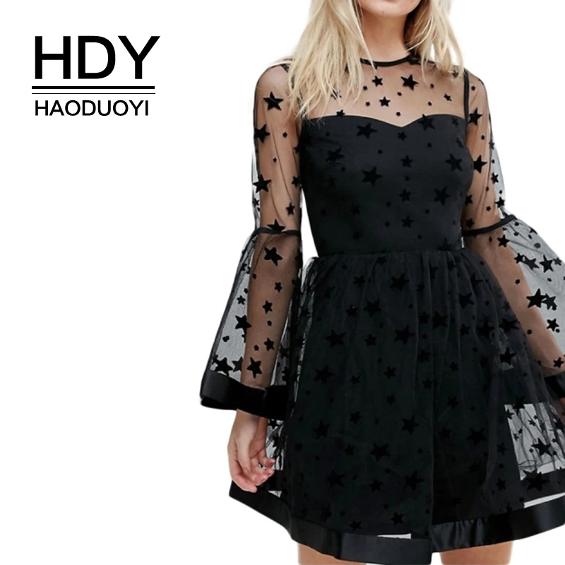 

HDY Women Black Lace Dresses Long Sleeves Autumn Elegant Sheer Transparent See Through Dresses Female Sexy Lace Mesh Star Dress