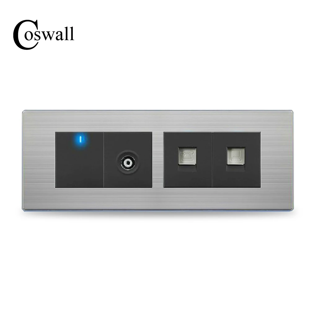 

COSWALL TV Port +Telephone Outlet + RJ45 Internet Socket With 1 Gang 2 Way Wall Light Switch Stainless Steel Panel 197 * 72mm