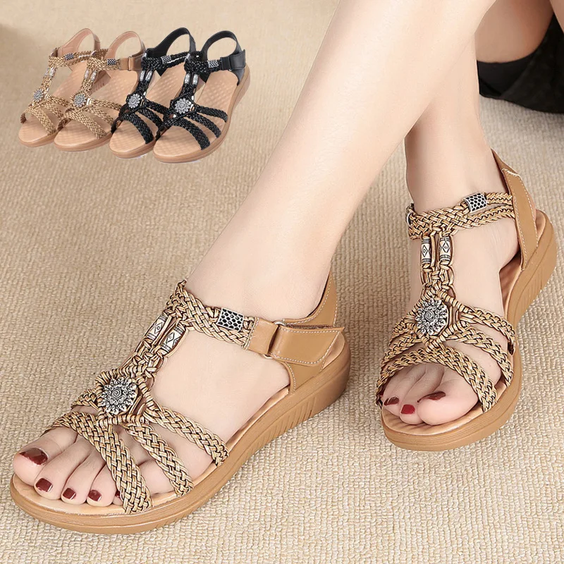 

Bohemian sandals female 2019 summer flat flat with open toe students soft bottom shoes large size low heel women sandals