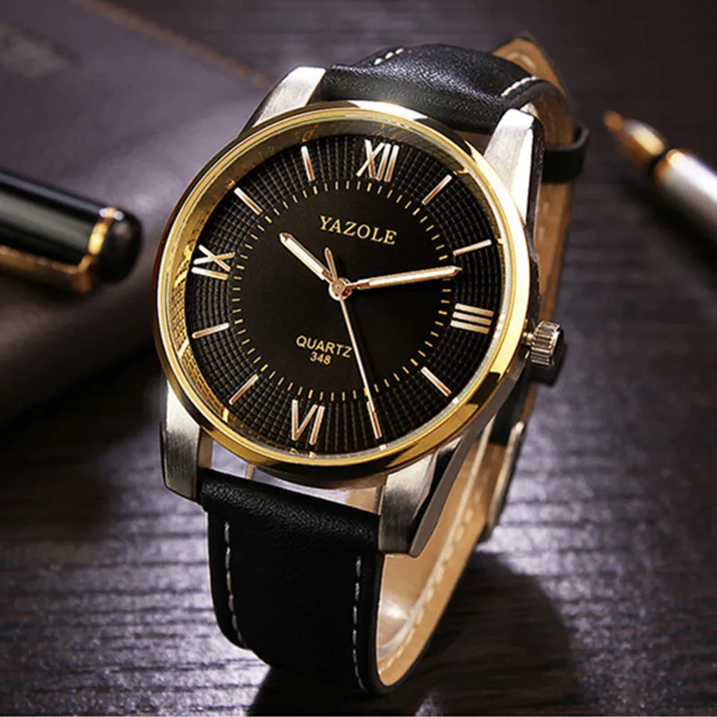 Yazole Для мужчин часы Для мужчин Водонепроницаемый кожа Золото кварцевые наручные часы Золотой Мужской часы Для мужчин Бизнес Reloj Hombre Relogio