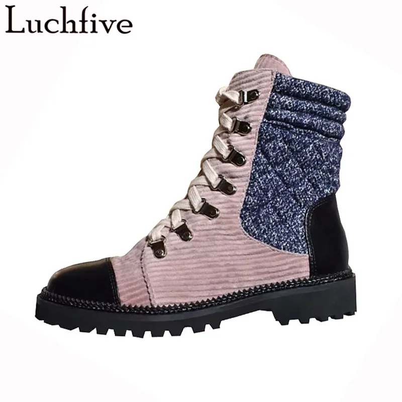 

Luchfive designer martin boots platform flat heel patchwork genuine leather cross tied western Shoes Ankle boots for women