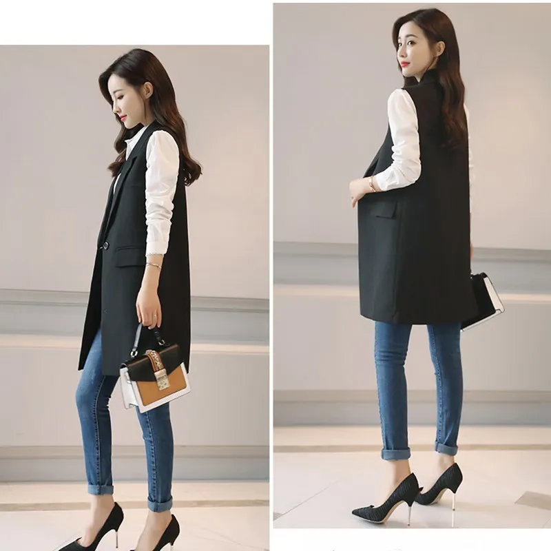 British Style Slim Sleeveless Vest Women Large Size Suits Vest Casual Autumn Vest Black Long Jacket
