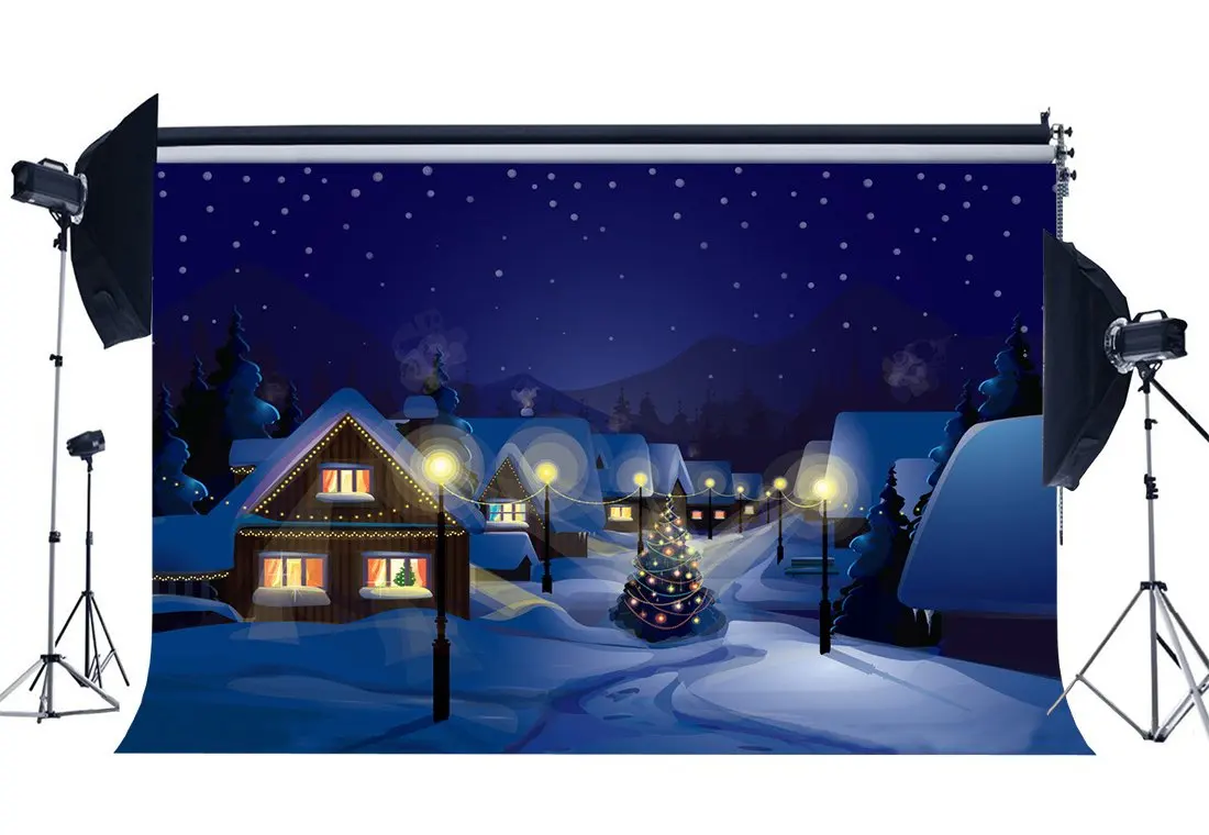 

Photography Backdrop Merry Christmas Tree Rustic Village Snow Covered Landscape Scene Xmas Background