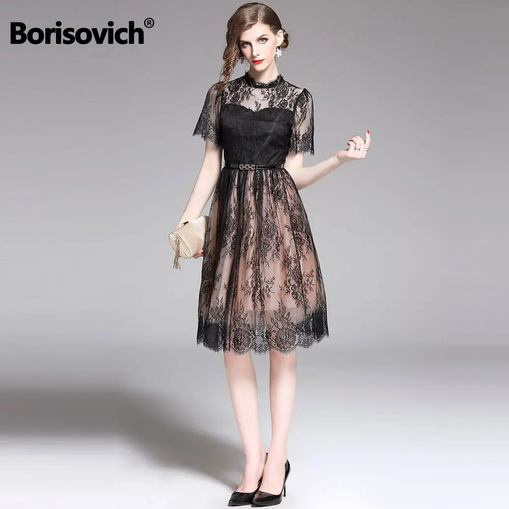 Borisovich женское летнее черное кружевное Повседневное платье бренд Модное Элегантное ТРАПЕЦИЕВИДНОЕ женское вечернее платье в английском стиле N1322