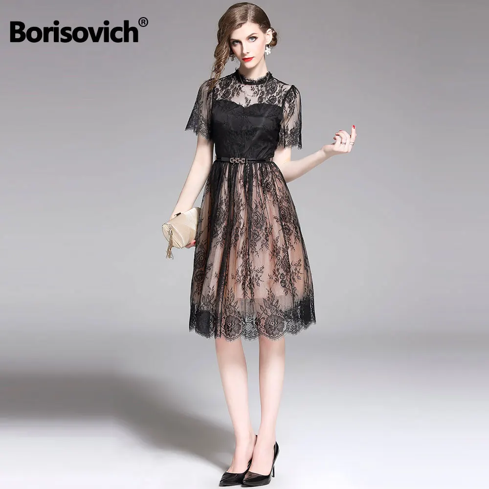 Женское кружевное платье Borisovich черное Повседневное трапециевидной формы в