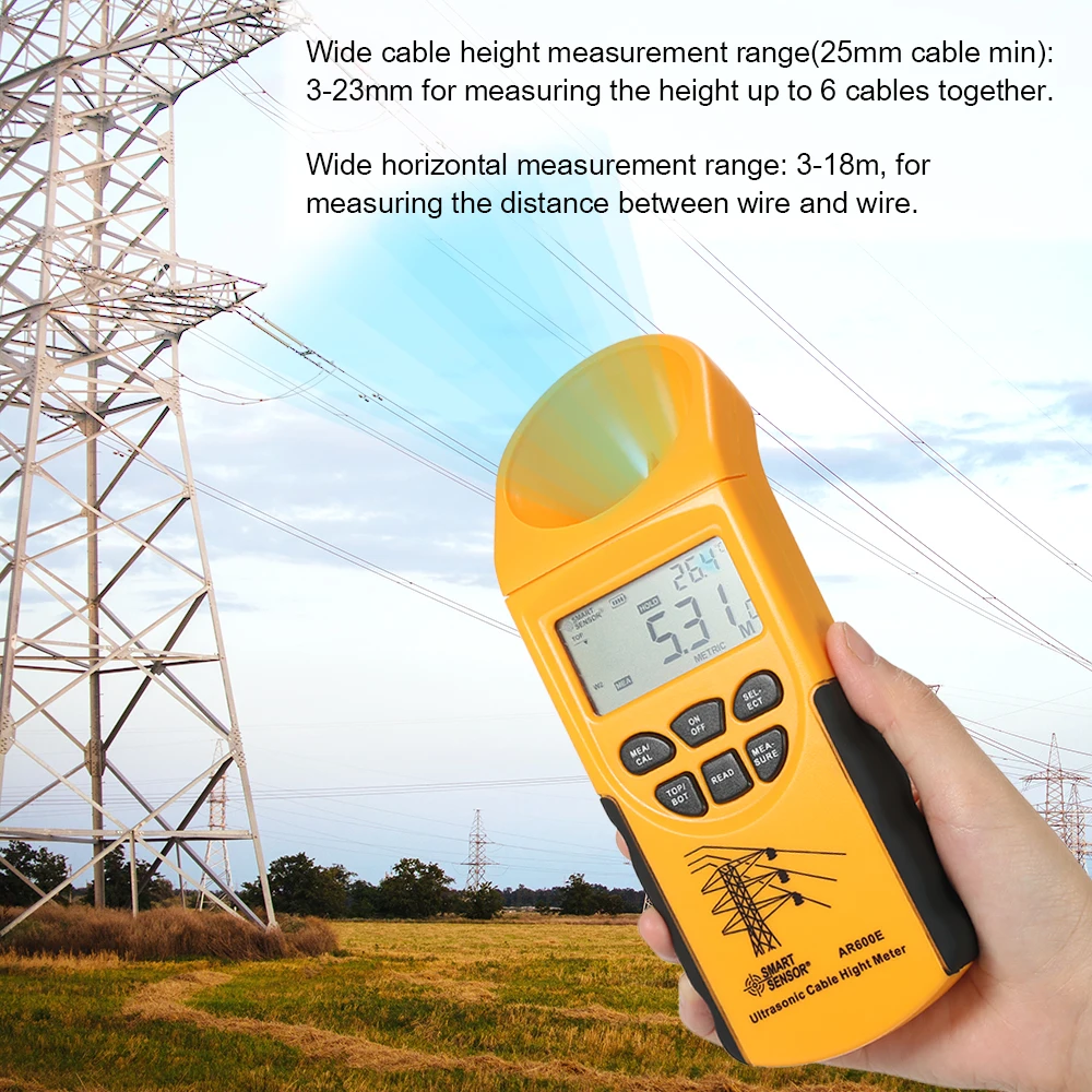 AR600E Ultrasonic Cable Height Meter 6 Cables Measurement Handheld LCD display Measuring Range( Height 3-23m,Plane 3-15m