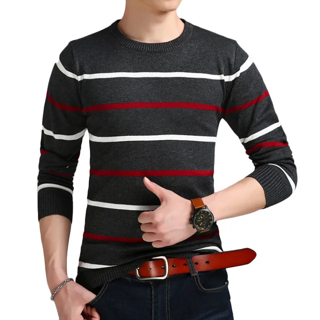 Winter Sweater Men Wool Striped Slim Fit Knitting Mens Sweaters O Neck