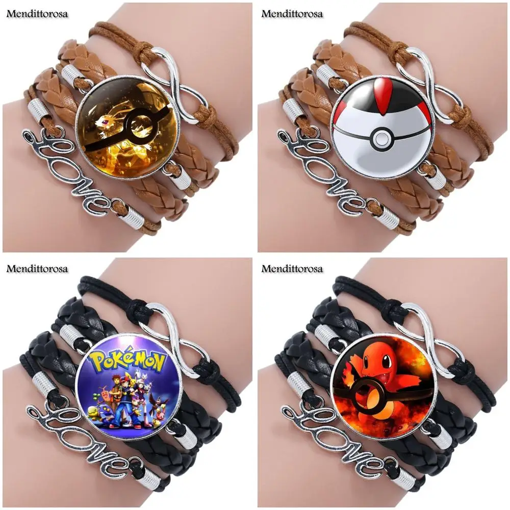 

Mendittorosa Pokemon Go Pokemon Ball Monster Anime Brand Lover Multilayer Black/Brown Leather Bracelet Bangle Glass Jewelry Gift