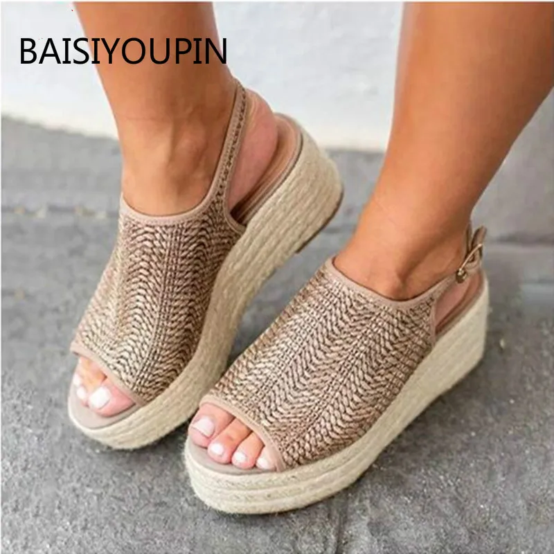 

Women Sandals Fashion Buckle Strap Hemp Rope Weaving Fish Mouth Non-slip Shallow Casual Wedges Solid Female Sandals Plus Size