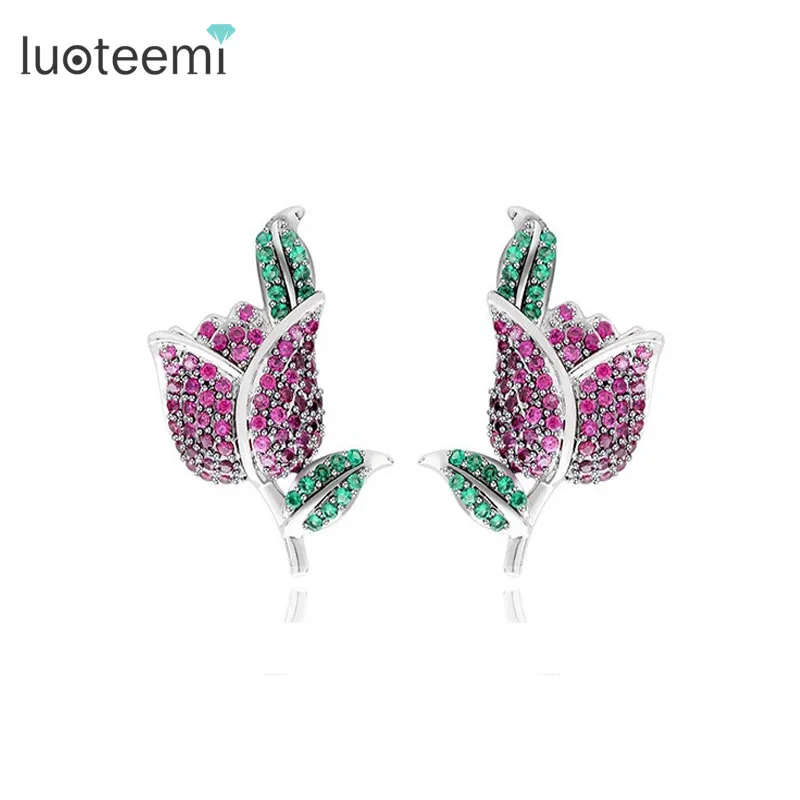 Luoteemi Дизайн Роскошные Белое золото-Цвет AAA кубического циркония микро проложить розы Серьги-гвоздики для Для женщин Обувь для девочек ювелирные изделия