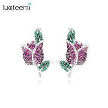 Luoteemi Дизайн Роскошные Белое золото-Цвет AAA кубического циркония микро проложить розы Серьги-гвоздики для Для женщин Обувь для девочек ювелирные изделия