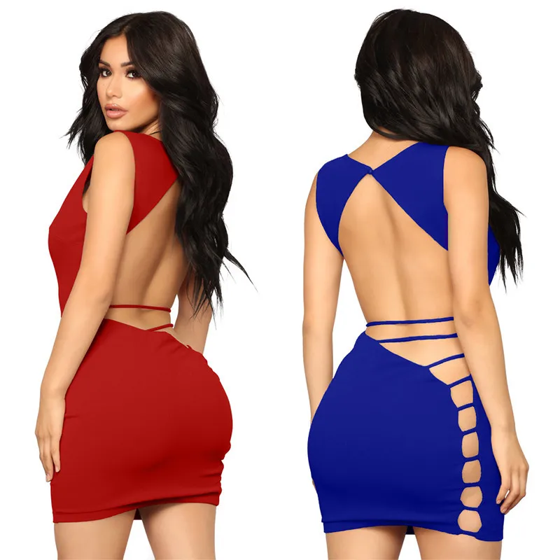 

Night Club Wear Women Mini Dress Sexy Hollow Out Solid Color Female Vestidos
